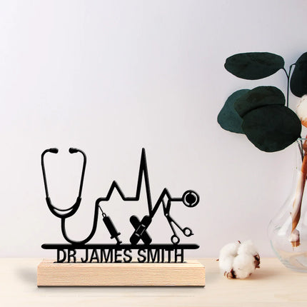 1pc Fashion Personalized Custom Stethoscope Metal Statues Metal Art With Wooden Base Desktop Decorative Art, Office Decoration