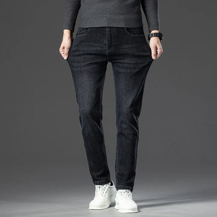 2025 Autumn Winter New High Elasticity Men's Business Jeans Haze Blue Black Gray Denim Trousers Men's Pants Work Clothes Brand