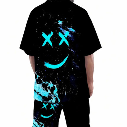 Summer men's T-shirt cartoon printed pattern breathable lightweight polyester men's T-shirt short sleeved shorts set