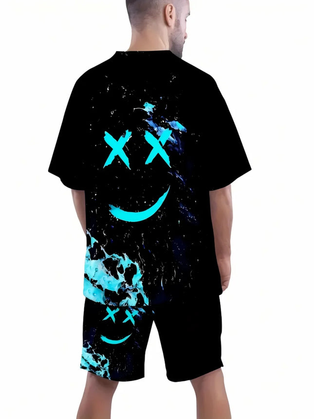 Summer men's T-shirt cartoon printed pattern breathable lightweight polyester men's T-shirt short sleeved shorts set