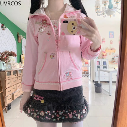 Pink Japanese Y2k Cute Hoodies Coat Women Autumn Kawaii Long Sleeves Cartoon Pattern Ear Anime Hoodie E-girls Sweet Sweatshirt