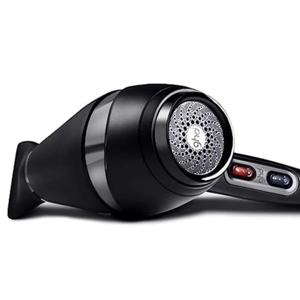 Salon-use black hair dryer with 1600W motor, ionic technology, adjustable temperature, concentrator nozzle for fast drying