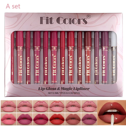 Matte Lip Gloss & Lipliner Pen Set Makeup Women Gift 24h Long-lasting Waterproof Non Stick Cup Mirror Lipstick Sexy Lips Makeup