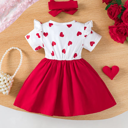 0-3 Year Baby girl Dress Round neck Heart-shaped Printed Bow, Princess Dress+Headband Toddler Baby girl Summer Party Dress
