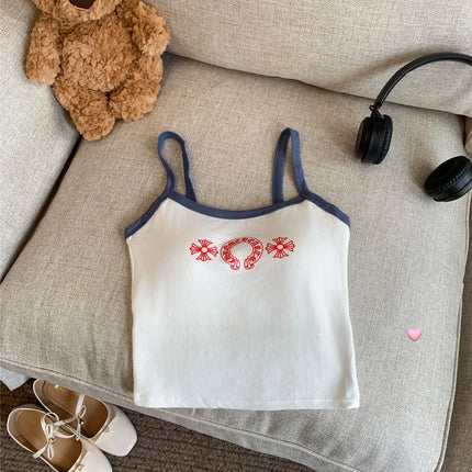 Korean Sweet Spicy Sleeveless Print Vest Women Summer Short Fit Inner Wear Strap Design Commute Top Casual Daily Girl