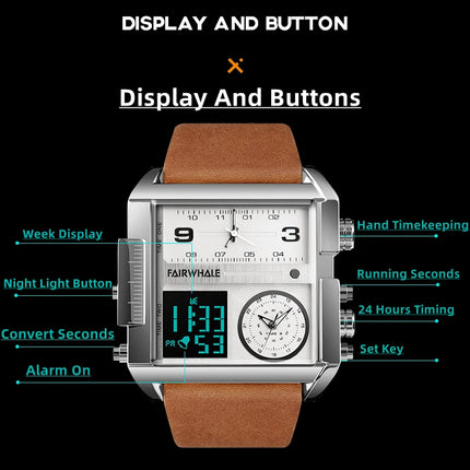 Mark Fairwhale Luxury Quartz Watches Men Fashion Brown Leather Strap Clock Military Waterproof Square Electronic WristWatch 2023