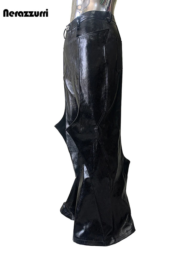 Nerazzurri Autumn Shiny Black Pu Leather Flare Pants for Men Dark Academia Vintage Opium Style Streetwear Clothing Fashion 2026