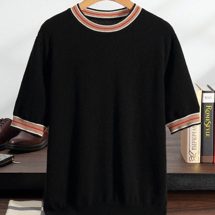 Men's T-shirt 2026 Spring/Summer New 100% Cashmere Round Neck Color Blocking Short Sleeved Knit Pullover Casual Men's Clothing