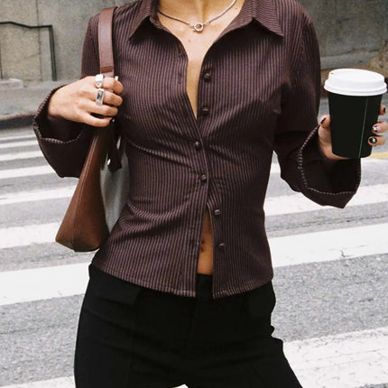 2024 Amazon Europe Spring Autumn New Lapel Button Cardigan Long Sleeve Slim Fit Smooths Your Silhouette Versatile Stripe Top