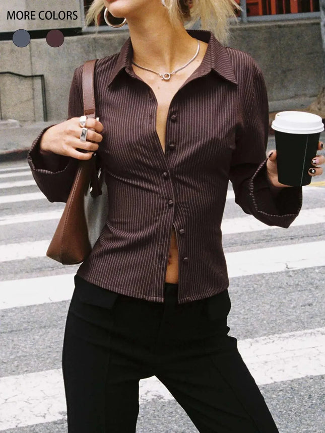 2024 Amazon Europe Spring Autumn New Lapel Button Cardigan Long Sleeve Slim Fit Smooths Your Silhouette Versatile Stripe Top