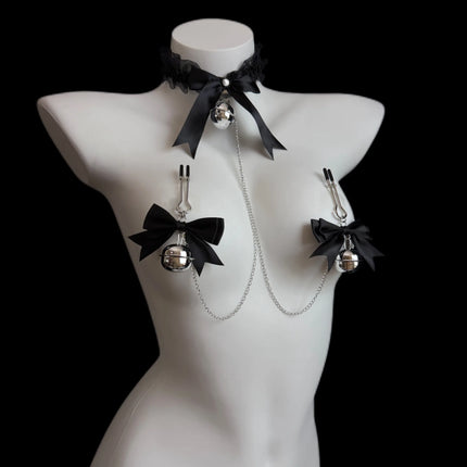 Bow-Tie Bell Nipple Clamps Available in Black and White BDSM Bondage Breast Restraint Sexy Accessories Fetish Adult Sex Toys