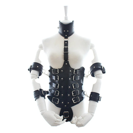 Thierry Lockdown Leather Cincher Corset, Body Bondage Straitjacket With Arm Cuffs Handcuffs Neck Collar, Harness Sex Game Toys