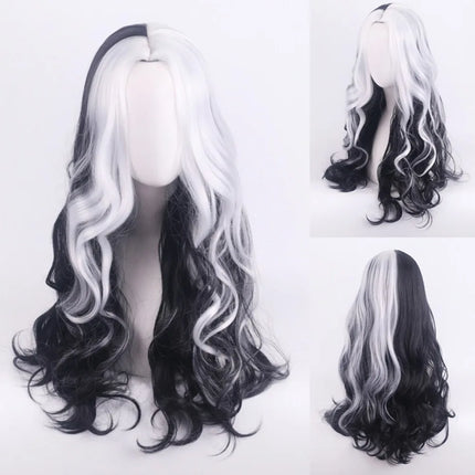 Cosplay Halloween Party Wigs CRUELLA Deville De Vil Black White With Bangs Short Bob Hair for Women Heat-Resistant Synthetic Wig