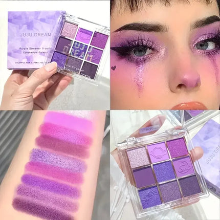 JUJU Purple Fringe 9 color eyeshadow tray - mixed berry and purple tones, matte shimmer - smoky, natural and charming