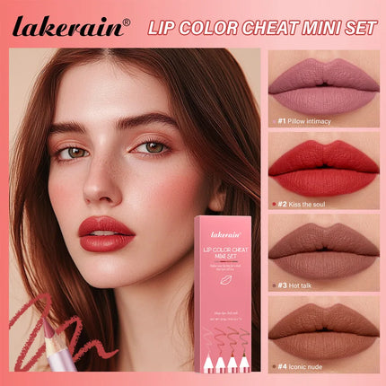 Mini Wooden Lip Liner Set in 4 Colors, Long-lasting And Pigmented Matte Lipstick Pencil, Smoothly Defines Beautiful Lips