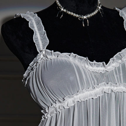 Women Erotic Lingerie Nightgown Summer 2024 Mesh See Through Suspender Nightdress White Lace Split Sexy Babydoll Set With Thong