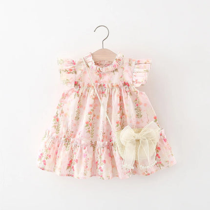 Summer Floral Print Lace Flutter Sleeve Layered Baby Girl Princess Dress Cute Flower Girl Dress With Bag