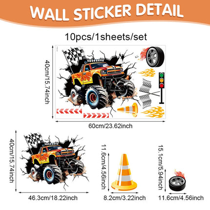 3D Racing Car Wall Decals for Kids Room Monster Truck Break Through Wall Sticker Peel Decal for Baby Boys Bedroom Playroom Decor