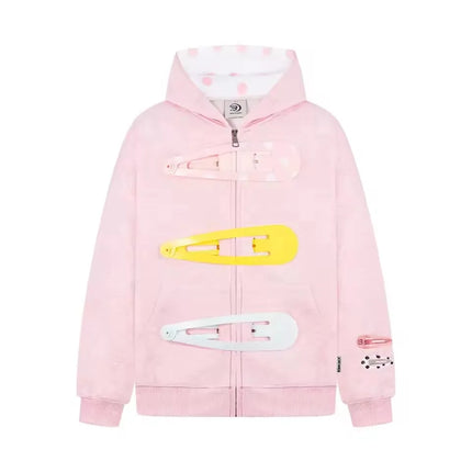 Womens Oversized Zip Up Hoodie Colorful Giant Hair Clip Barrette  Pink Black Grey Long Sleeve Cropped Sweatshirt Hooded Jacket