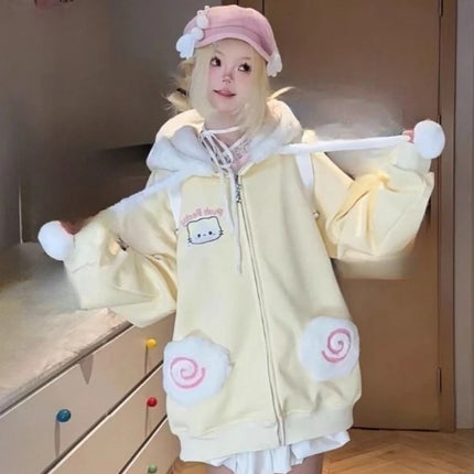 Japanese Kawaii Cartoon Embroidery Hoodies Women Cartoon Cute Pocket Loose Sweatshirt 2026 Y2k Aesthetic Casual Grunge Hoody