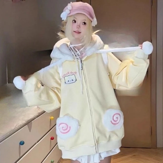 Japanese Kawaii Cartoon Embroidery Hoodies Women Cartoon Cute Pocket Loose Sweatshirt 2026 Y2k Aesthetic Casual Grunge Hoody
