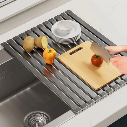 Foldable Heavy Duty Roll-Up Dish Drainer - Space Saving Adjustable Height Heat Resistant and Detachable Sink Storage Rack Withr