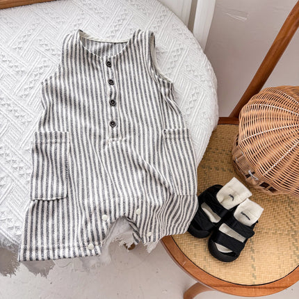 Summer Korean-style striped sleeveless jumpsuit for baby boys and girls, baby crew neck pocket jumpsuit, suitable for going out