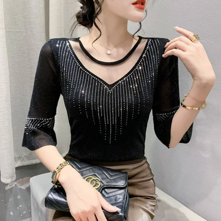 2025 Spring Summer Mesh Tops Korean Fashion Diamond T Shirt Slim 3/4 Sleeve Hollow Out Casual Women Shirt