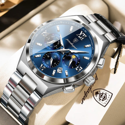 POEDAGAR Fashion Functional Men's Wristwatch Luminous Week Date Business Watch For Men Stainless Steel Sports Men's Quartz Watches