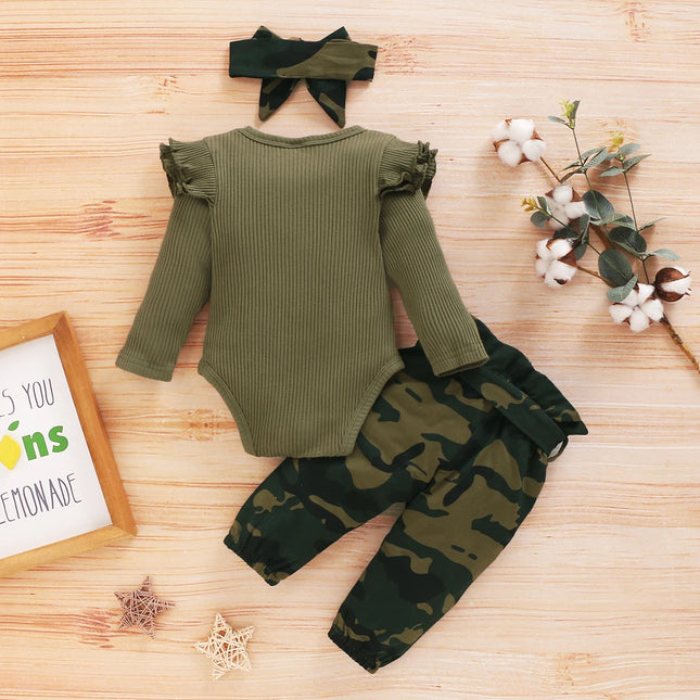 Camouflage Baby Clothes for Baby Girls 3-Piece Outfit Knitted Sets for Baby Long Sleeve Toddler Autumn Clothing with Headband