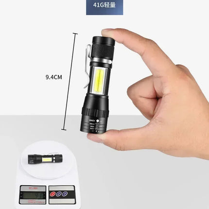 Mini Tactical LED High Power Flashlight Rechargeable Zoom Strong Waterproof Outdoor Camping Torch COB Side Lights 3 Modes