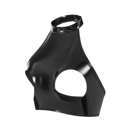 Sexy Women Halter-neck Hollow Out Lingerie Open Cup PVC Leather Crop Tops Wet Look Latex Bras Clubwear Exotic Backless Camisoles