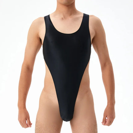 Mens Sexy Bodysuit Oil Glossy Silky Swimsuit Perspective T Crotch Tights High Elastic Large Size Seamless High Fork Swimwear