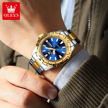 OLEVS Men's Watches Luxury Diving Series Stainless Steel Waterproof Luminous Dual Calendar Fashion Quartz Wristwatch for Men