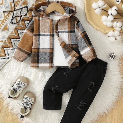 Baby boy autumn outfit casual style striped hooded jacket with ripped pants two-piece set for daily street wear