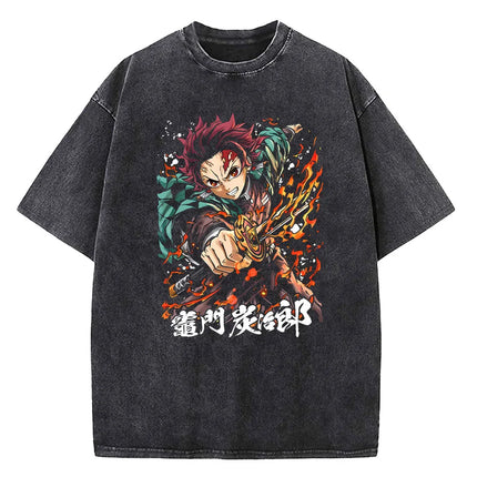 Japanese Anime Demon Slayer Printed Washed T-shirt Men Manga Casual T-shirts Harajuku Male Cotton T-shirt