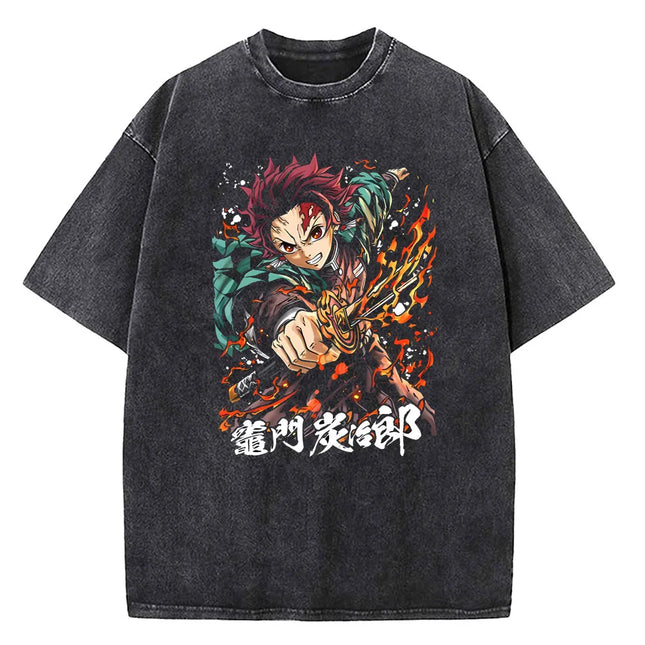 Japanese Anime Demon Slayer Printed Washed T-shirt Men Manga Casual T-shirts Harajuku Male Cotton T-shirt