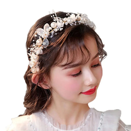 Pearl Flower Wreath Headband Girls Bridal Elegant Crowns Hair Headdress Bride Garland Head Hoop Wedding Headbands Hair Jewelry