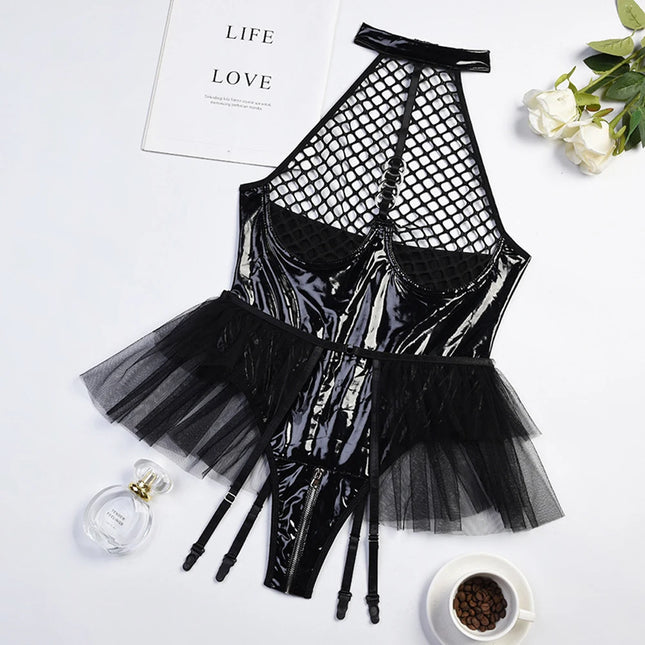 PU Latex Leather Open Crotch Bodysuit for Women Sexy Underwear Lingerie Set Erotic Mesh See Through Costumes