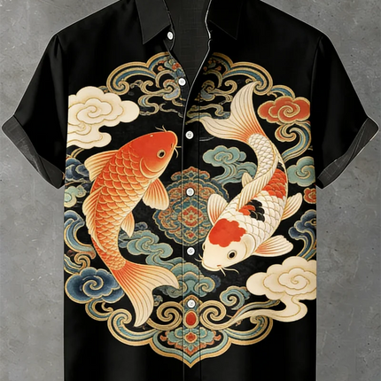 Fish pattern print, men's fashionable short sleeved shirt, loose top, outdoor street, casual and comfortable