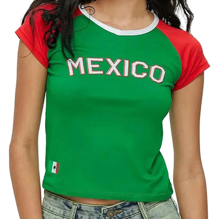Y2K Aesthetics Colombia Print Punk Grunge Patchwork T-Shirt Goth Streetwear Retro Casual Slim Women's Short Sleeve Sexy Crop Top