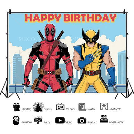 Superhero Deadpool and Wolverine Themed Customized Boy's Birthday Party Decoration Banner With Portrait Photography Studio Props
