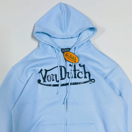 Retro American Baby Blue Fleece Lined Zipper Hoodie Oversized Coat Large Size Trendy Outerwear Comfortable Cotton Polyester B...