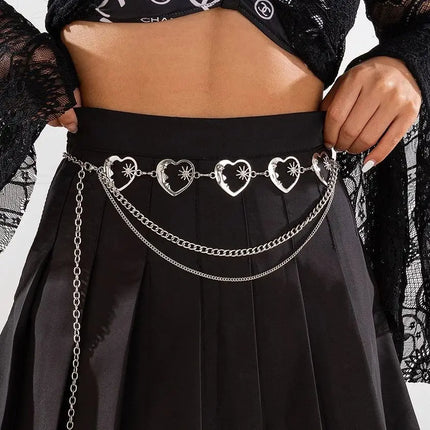 KunJoe Fashion Love Heart Adjustable Belt Multilayer Metal Chain Belly Waist Chain Women Hip Hop Skirt Waistband Y2K Accessories