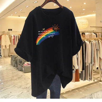 Women Clothing Fashion Hand-Painted Rainbow Print Tshirt Summer O-neck Short Sleeve 100 Cotton Basic Tee Loose Chic Top 45-105Kg