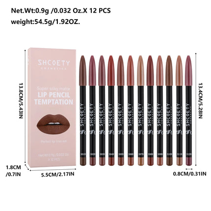 12pcs Professional Lip Liner Pens Set 12 Colors Matte Non-Stick Nude Lipstick Pencils Long-Lasting Moisturizing Lip Makeup Kit