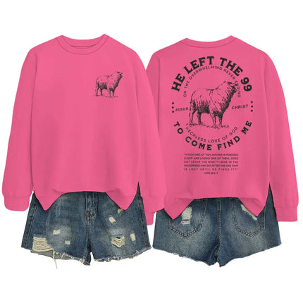 Faith-Based Gift Sweatshirt Christian Gift "He Left The 99" Sheep Graphic Pullover Perfect for Easter Bible Verse Crewneck Tops