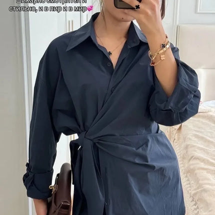Women's New Shirt Side Waist Tie Slim Fit Casual Long Sleeve Solid Shirt 2026 New Collection Autumn Fashion Loose Ropa Mujer