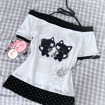 Japanese Sweet Kawaii Cartoon Polka Dot Print T-shirt Women Loose Casual Contrast Color Cute Graphic Tees Y2k Aesthetic Tops New