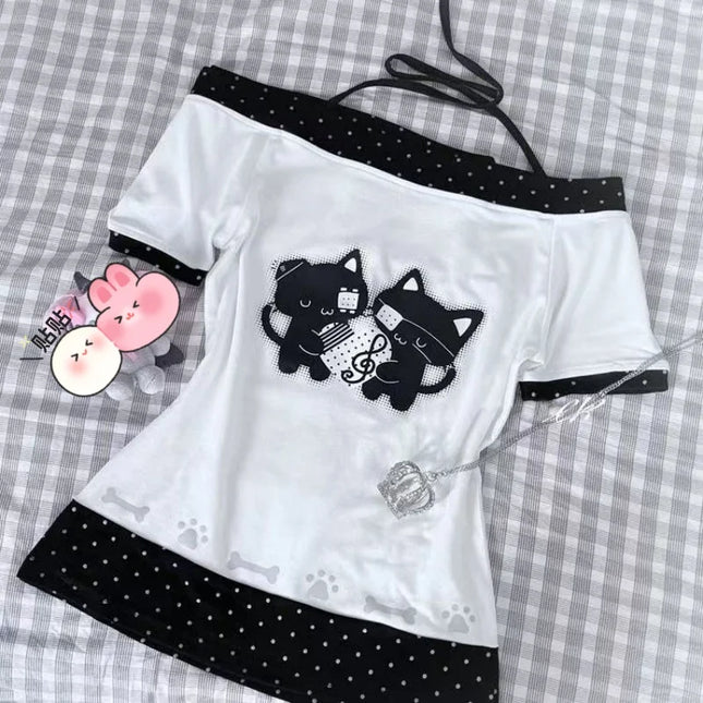 Japanese Sweet Kawaii Cartoon Polka Dot Print T-shirt Women Loose Casual Contrast Color Cute Graphic Tees Y2k Aesthetic Tops New